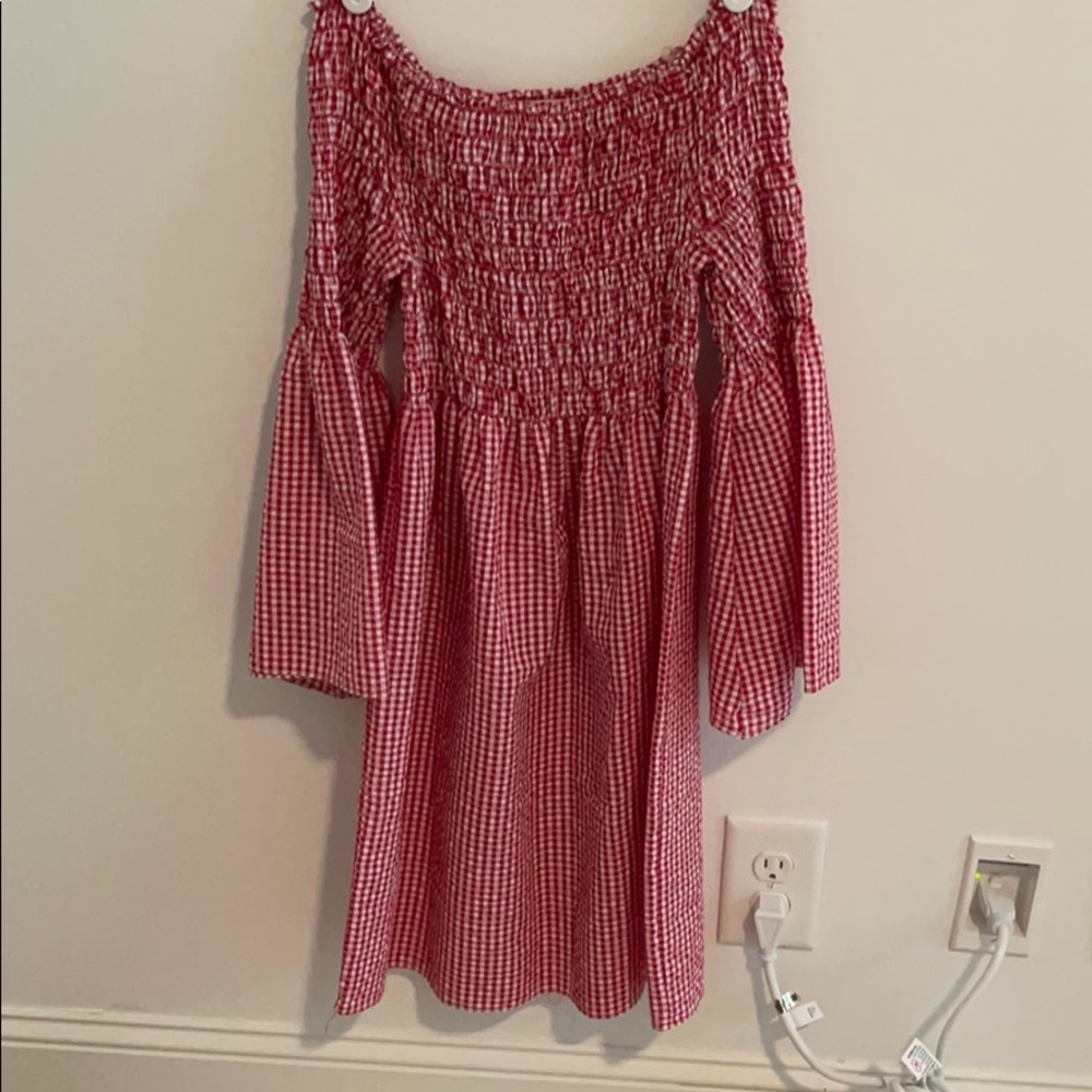 off shoulder gingham dress